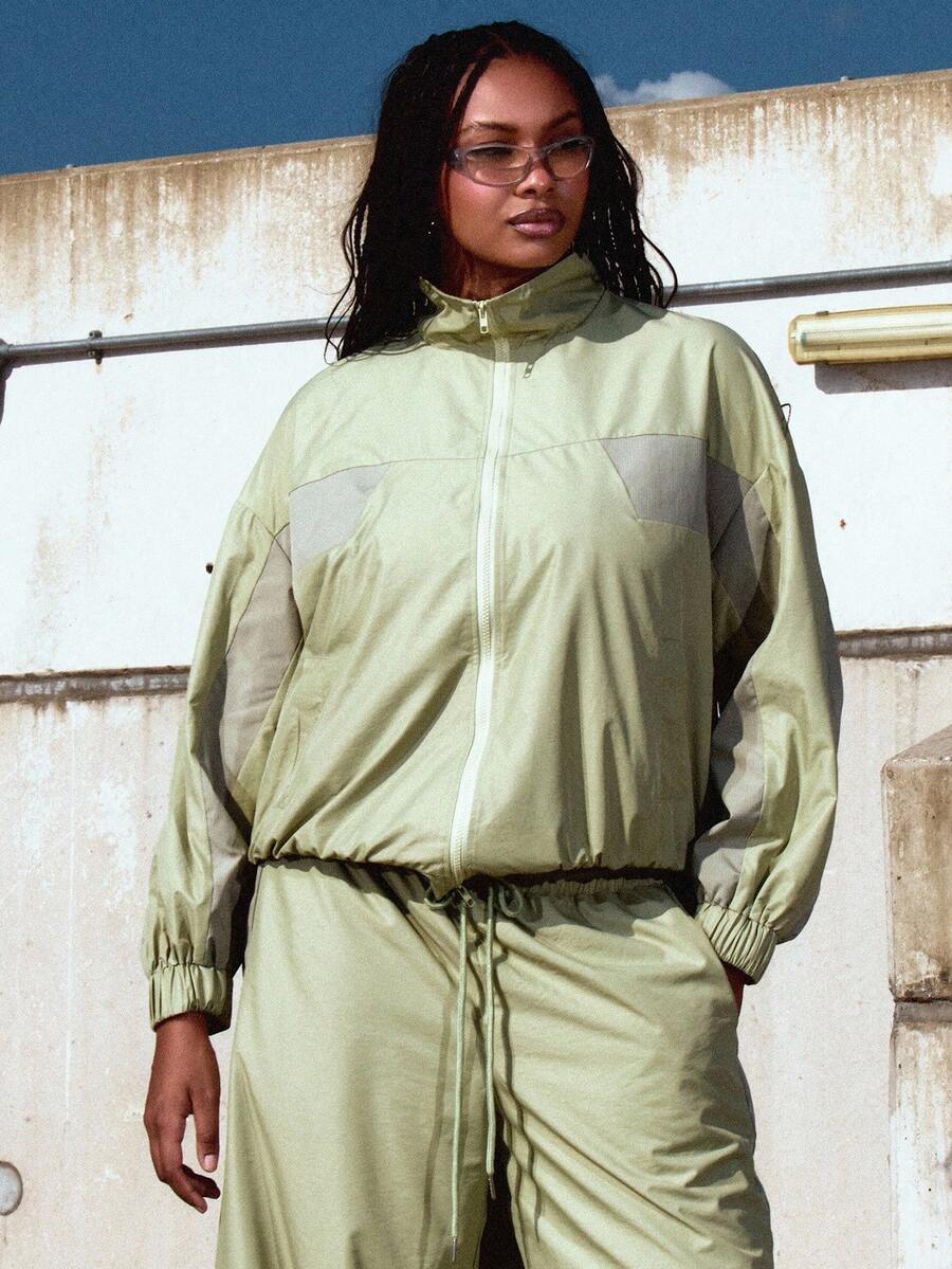 MUSERA Plus Size Zip Up Contrast Panel Track Jacket Top Only Cute Summer Holiday Elegant Vacation Classy Holiday Coolgirl Sporty Active Dawn Curve Winter Fall Autumn