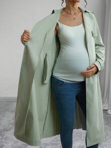 Momance Solid Color Front Pocket Pleated Casual Maternity Regular Jacket - Green - View 8