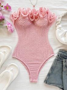 Soleia 女式荷叶边露背连体衣，适合派对、节日、约会、下午茶、度假、音乐节、海滩、夏季服装、波西米亚风、度假、钩针编织、亚麻布 - 粉色 - 查看 4