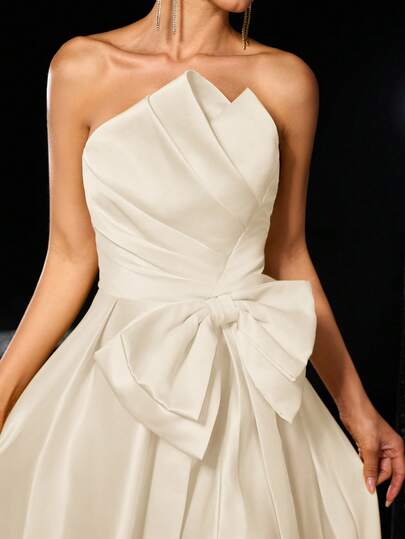 Glamrae 优雅浪漫的黄色缎面不对称褶皱露肩超大蝴蝶结装饰高开衩长裙，适合正式活动、派对、约会、庆典