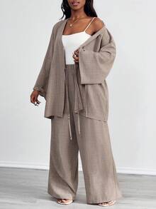 SHEIN PETITE CURVE 大码女式休闲两件套前系带长袖上衣和裤子套装，纯色牛仔蓝色大码女式两件套海滩装，适合女士商务休闲装 - 摩卡棕 - 查看 3