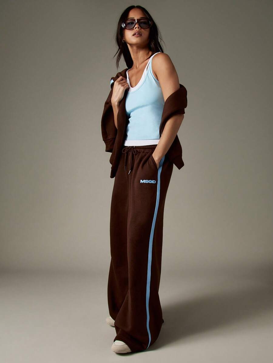 MISSGUIDED Wide Leg Joggers With Side Stripes And Logo Print For Casual Comfort And Style - Brown - View 1