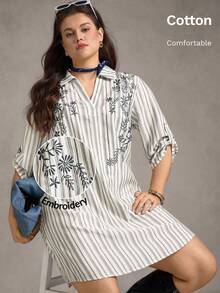 Zelara Vestido de talla grande casual con rayas, bordado floral para uso diario