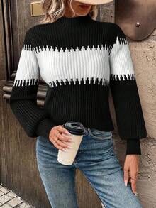 SHEIN LUNE 拼色拼接高领灯笼袖休闲/工作服女式毛衣针织毛衣女式套头衫女式毛衣黑白毛衣条纹毛衣女式秋冬装 - 黑色 - 查看 6