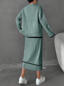 EURMUSE Damen gestreifter detaillierter Pullover und langer Rock Set Co-Ords - Minzgrün - Übersicht 2