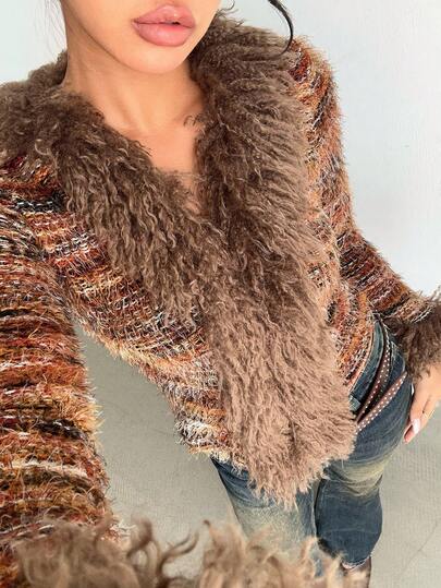 Aloruh Women's Music Festival Faux Fur Patchwork Long Sleeve Top, Autumn/Winter, Fall, Y2K, Long-Sleeved T-Shirt, Pullover Top, Autumn For Women, Fall ,Winter ,Halloween Costumes, Casual For Women, Winter For Women