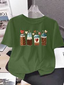 INAWLY 女式夏季圆领短袖冰淇淋、咖啡、焦糖和茶印花运动T恤图案T恤女式上衣