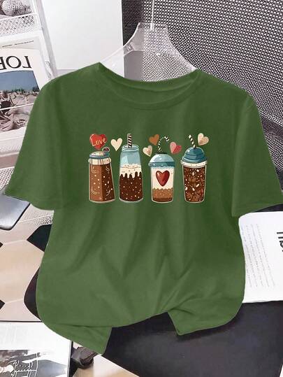 INAWLY 女式夏季圆领短袖冰淇淋、咖啡、焦糖和茶印花运动T恤图案T恤女式上衣