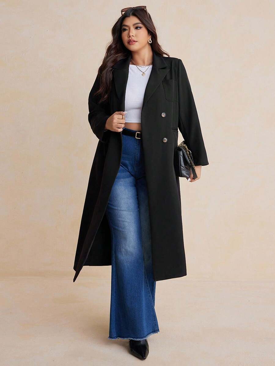 Dazy Plus Double-Breasted Solid Color Lapel Collar Long Fitted Long Sleeve Plus Size Women Casual Commuter Jacket Fall/Winter Women Coats - Black - View 1