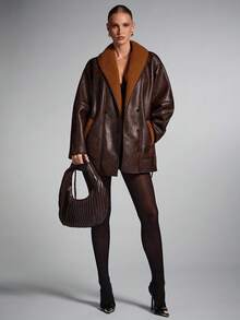 SHEIN BAE Women's Casual Shawl Collar Drop Shoulder Long Sleeve Faux Fur Jacket, Autumn/Winter,Women's Autumn/Winter New Faux Fur Lined, Leather Jacket, Brown Jacket Women - Coffee Brown - View 7