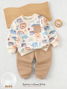 Cozy Pixies 2 pezzi Set di maglioncino girocollo a maniche lunghe e pantaloni in vita elastica con stampa di animali cartoni animati per bambino