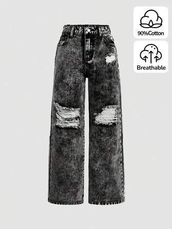 SHEIN Tween Girl Y2K 春夏街头风破洞直筒牛仔裤，女童夏装