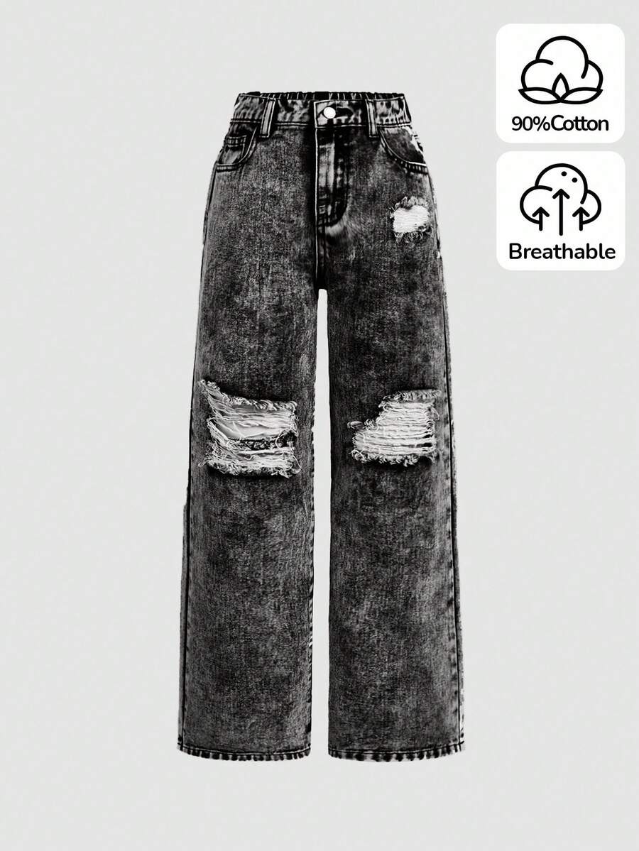 SHEIN Tween Girl  Y2K Spring And Summer Streetwear Ripped Straight Leg Jeans,Girls Summer Clothes - Black - View 1