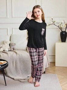 SHEIN 女童休闲针织格子口袋睡衣套装 - 黑色 - 查看 5