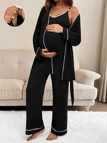 SHEIN 2件套休闲撞色边哺乳连体衣和夹克 - 黑色 - 查看 8