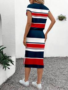 SHEIN LUNE 2pcs/Set Women Striped Contrast Print Puff Sleeve T-Shirt And Mini Skirt, Fitted Silhouette, Suitable For Spring/Summer Suitable For Going Out