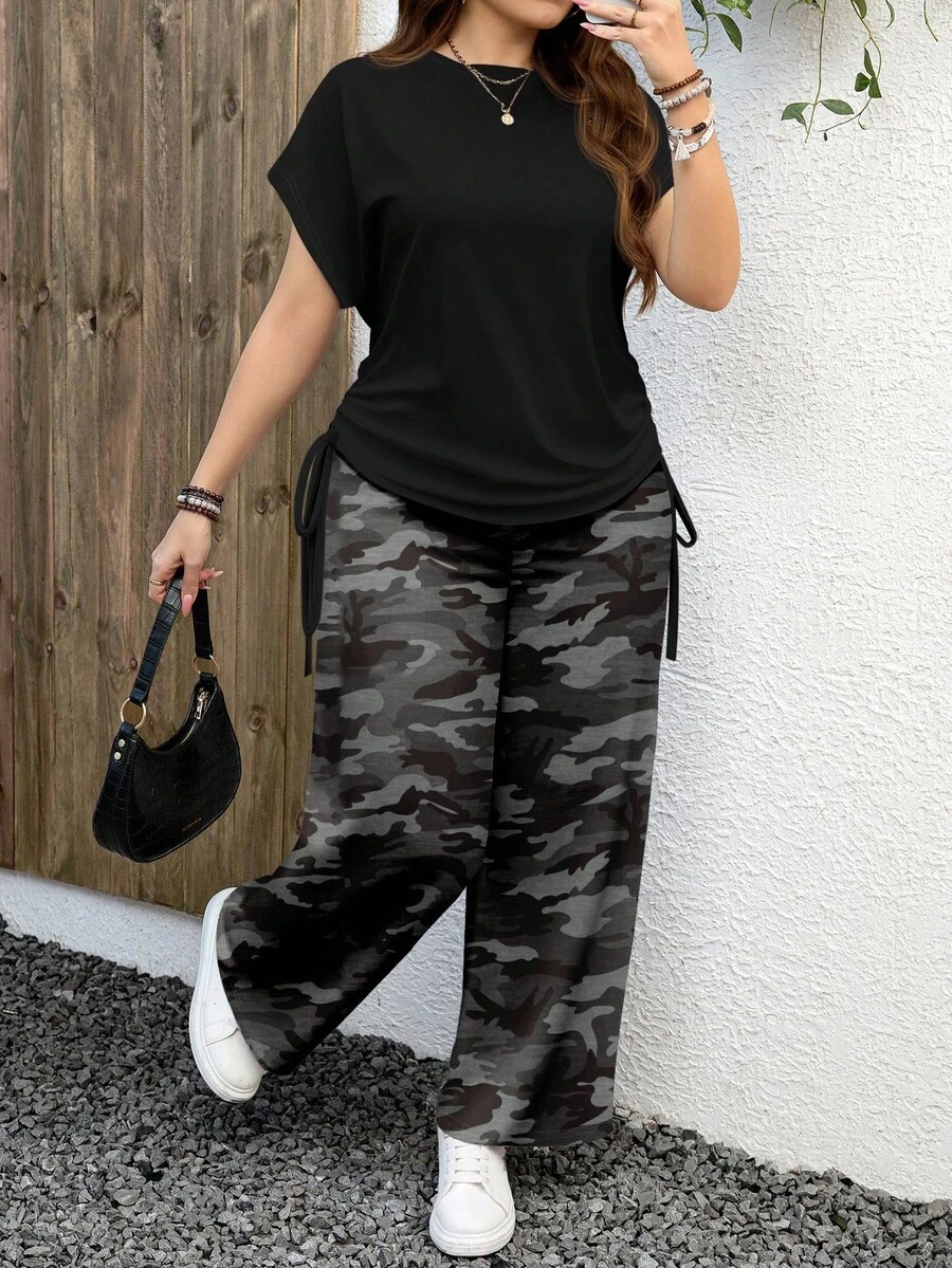 SHEIN LUNE 2 件套休闲纯色上衣和迷彩图案加大码套装，适合秋夏季 - 深灰色 - 查看 1