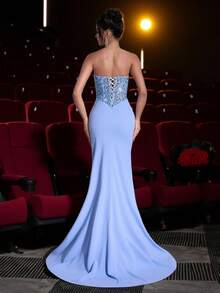 Glamrae Váy maxi xẻ tà xương cá lưới đính đá 3D sang trọng màu xanh navy thanh lịch, phù hợp cho mọi dịp trang trọng, hẹn hò, kỳ nghỉ, tiệc tùng, tốt nghiệp, đám cưới, dạ tiệc, sự kiện trang trọng - Màu xanh nhạt - Xem 4