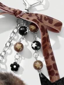 ROMWE Kawaii 1 件时尚复古个性化亚克力星花棕色仿皮草豹纹蝴蝶结心形 DIY 钥匙扣包饰，适合女性、日常佩戴、节日礼物