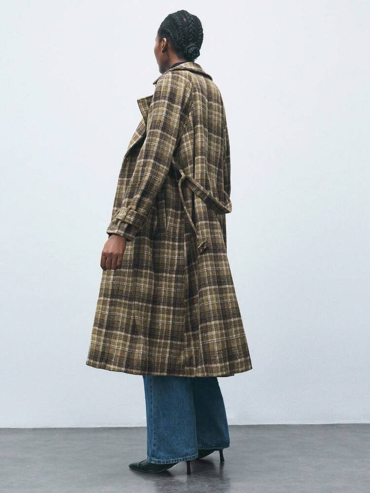 SHEIN Maija Manteau long casual rétro à carreaux pour femmes, pour l'automne/l'hiver