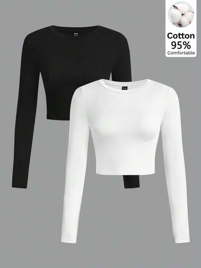 SHEIN EZwear 2pcs Casual Minimalist Pattern Crew Neck Long Sleeve Cropped Fitted Women T-Shirts,Fall