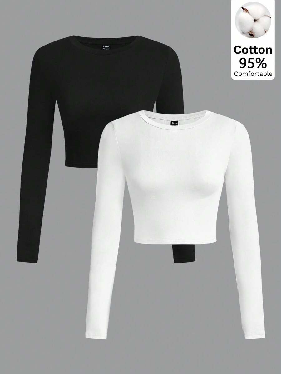 SHEIN EZwear 2 chiếc áo thun nữ cổ tròn tay dài họa tiết tối giản giản dị - Đen và trắng - Xem 1