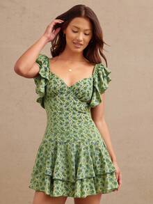 WESTFADE Summer Paisley Print Ruffle V Neck Tiered Fit And Flare Mini Cowgirl Dress - Green - View 3
