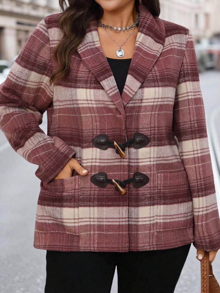 Plus Size Women Plaid Shawl Collar Long Sleeve Horn Button Front Casual Pockets Jacket,Business Casual Woman,Winter Clothes For Women,Chic Autumn&Winter Fall