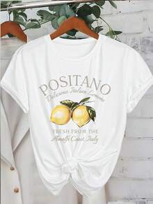 INAWLY 活泼的柠檬和字母印花 T 恤，常规剪裁，适合春夏季，女士休闲装，来自海岸的美味意大利柠檬，意大利图案 T 恤女式上衣 - 白色 - 查看 1