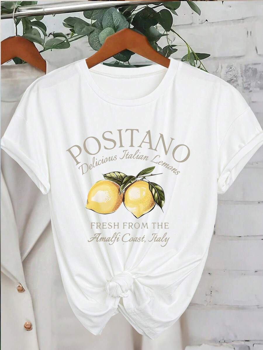 INAWLY 活泼的柠檬和字母印花 T 恤，常规剪裁，适合春夏季，女士休闲装，来自海岸的美味意大利柠檬，意大利图案 T 恤女式上衣 - 白色 - 查看 1