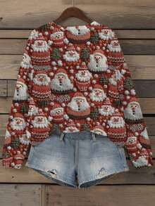 EMERY ROSE Sudadera de punto de cuello redondo de manga larga informal con estampado de copos de nieve y Papá Noel