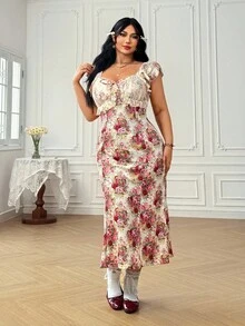 Dreamara Plus Size Women's Romantic Vintage Lace Cap Sleeve Floral Print Cinched Waist Maxi Dress, Spring,Beach Dress Sundress,Holiday Outfits Boho - Multicolor - View 6