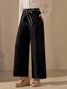 Wildy Fall Bottoms Women's Black Casual Tie-Up Pants Business Casual Woman Bow Pants Women Wide Leg Pants Black Wide Leg Pants  Fall Women Clothes Office Wear Women Business Professional Women Wide Leg Pants With Tie Belt High Waist Pants ChicAutumn - Black - View 4
