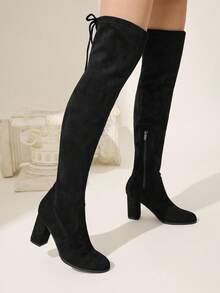 CUCCOO CHICEST 女士优雅性感百搭绒面革弹性及膝靴，蝴蝶结装饰，方头粗跟，适合约会、派对、工作、感恩节、圣诞节、万圣节 - 黑色 - 查看 4