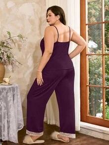 Côtesoire 蕾丝边性感露背吊带背心，女士休闲睡衣套装 - 中紫紅色 - 查看 2