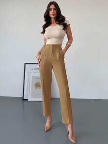 Firerie 女士优雅简约高腰口袋拉链修身杏色九分裤，适合通勤、办公室和日常穿着 - 卡其色 - 查看 6