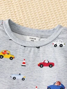 SHEIN 两件套男童修身汽车图案圆领长袖T恤和柔软舒适的睡裤套装，秋冬季，冬季套装，冬季服装，秋季穿搭，秋季服装，儿童服装 - 淺灰色 - 查看 7