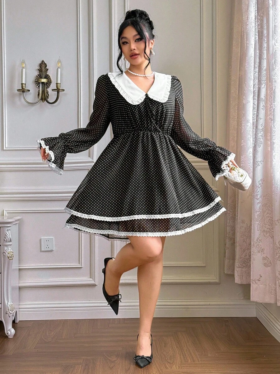 Flirla Plus Size Women's Chiffon Polka Dot Ruffle Splice Contrast Color Peter Pan Collar Dress, Party - Black - View 1