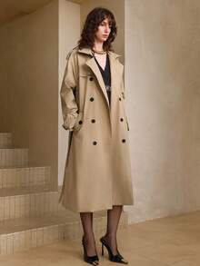 Arave Women's A-Line Silhouette With Raglan Shoulders, Apricot-Colored British Style, Large Lapel, Double-Breasted, Long Belt Design, Daily Commuting Trench Coat Fall Clothes For Women