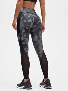 Eassivo Eassivo Women's High-Waisted Abstract Print Mesh Panel Sports Leggings, Black Camo Leggings, Mesh Legging With Phone Pocket, Leggings With Mesh Panels - Black - View 2