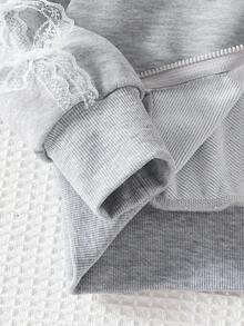 Genkimix Kids Toddler Girls Light Grey Casual Zip Up Hoodie, Jacket With Zipper And Lace Bow Details Drop Shoulder Regular Length Every Day Wear Fall Winter - Light Grey - View 4