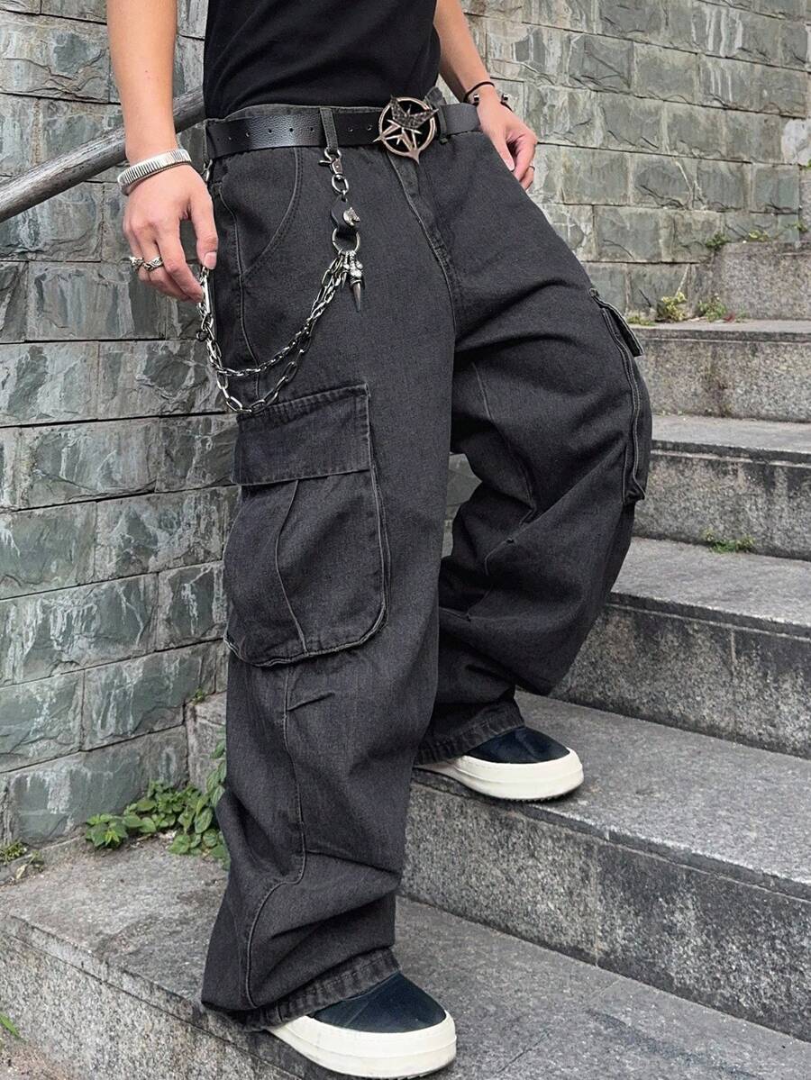 Manfinity EMRG 宽松男士翻盖口袋和侧面板设计工装牛仔裤（不含腰带），宽松牛仔裤，垃圾摇滚 - 黑色 - 查看 1