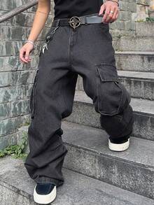 Manfinity EMRG 宽松男士翻盖口袋和侧面板设计工装牛仔裤（不含腰带），宽松牛仔裤，垃圾摇滚 - 黑色 - 查看 6