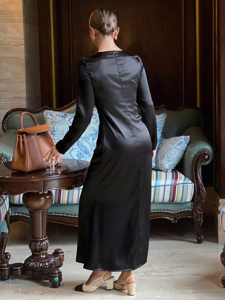 Women's Elegant Long Sleeve Fitted Waist Round Neck Dress, Solid Color, Autumn/Winter