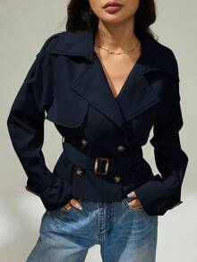 SHEIN PETITE Double Breasted Belted Trench Coat In Fall/Winter - Navy Blue - View 3
