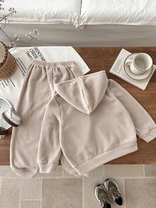 2 件套年轻男童休闲简约连帽衫套装，羊毛加厚，适合秋冬季 - 杏色 - 查看 2