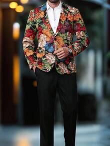 Manfinity AFTRDRK 男士花卉提花翻领长袖西装外套和裤子休闲套装花卉西装男士男士西装外套和裤子花卉男士西装男士派对装晚宴装男士 - 彩色 - 查看 3