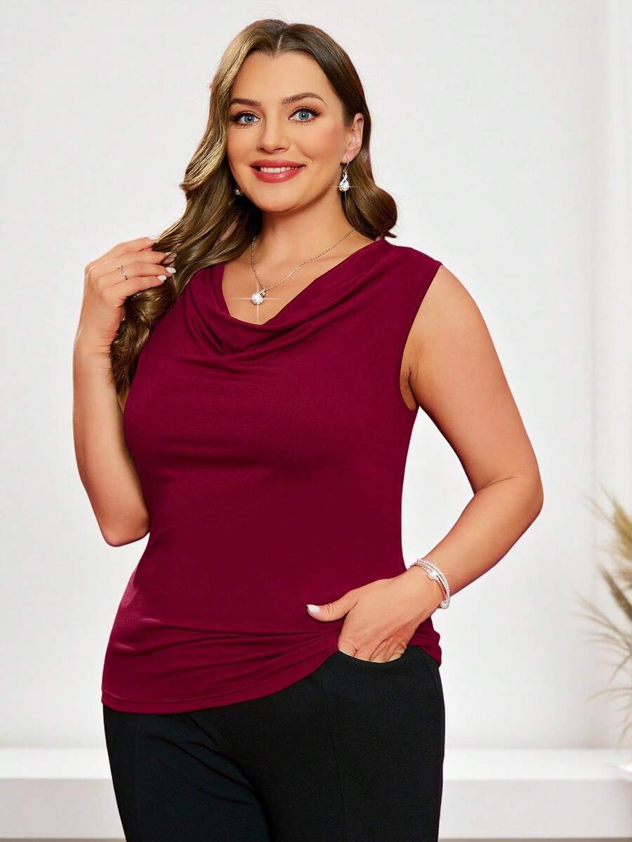 EMERY ROSE Camiseta sin mangas con cuello drapeado para mujer de talla grande para el Día de San Valentín - Rojo - Ver 1