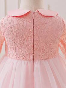 Glamorique Kids Đầm công chúa dễ thương cổ tròn tay dài phối ren lưới nhẹ thanh lịch cho bé gái, thích hợp cho tiệc sinh nhật 1 tuổi, ngày lễ, quà tặng sinh nhật - Màu Hồng baby - Xem 3