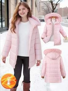 SHEIN 女孩冬季连帽棉服夹克，长袖泰迪熊毛绒内衬，绗缝渐变格纹图案，中长款棉质外套，时尚百搭，搭配裤子、运动裤、连体裤、运动衫、连帽衫、粉色连帽仿皮草装饰中长款棉质外套 - 粉色 - 查看 3